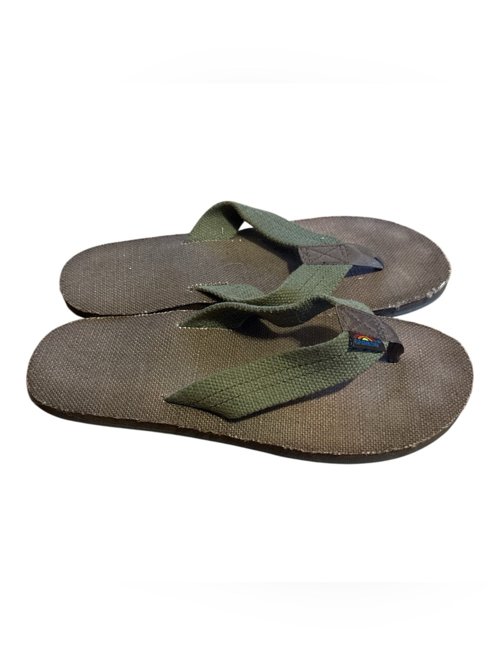 Rainbow Olive Green Hemp Strap Flip Flops with Dark Brown Footbed 7.5-8.5